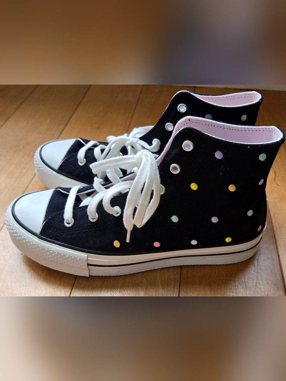 Converse Kids Black High-Top Sneakers with Pastel Polka Dots Size 7